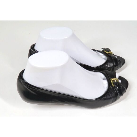 Ralph Lauren Madison Wedge Buckle Slip On Black Leather Peep Toe Shoes Women 6.5 - Picture 4 of 8